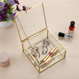 Hipiwe Vintage Glass Jewelry Organizer Box - Golden Metal Keepsake Box Desktop Jewelry Organizer Holder, Wedding Birthday Gift, Square Vanity Decorative Box for Dresser,Bathroom