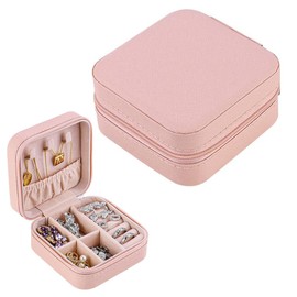 haoyuan Jewellery Box - 10×10×5cm Travel Jewellery Organiser, Portable Jewellery Storage Case, Leather Jewellery Case for Rings, Necklaces, Earrings, Gift for Women, Mom, Friend (Pink)