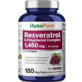 Resveratrol & Polyphenol, Non-GMO, Vegan, 1450mg, 180 Capsules-90 Servings | Plant Based Formula with Vitamin C, Dietary Supplement, Suitable for Adul