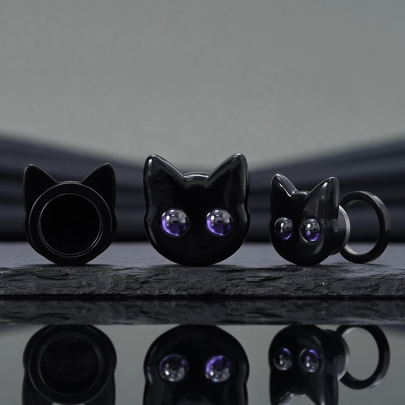 COOEAR Black Cat Ear Gauges, Unique Cartoon Ear Plugs, Stainless