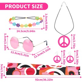 Gsnoniwi Women's Hippie Costume, 6 Pieces Fancy Dress Costumes, 70s Outfit, Women, Hippie Jewellery, Headband Necklace, Earrings for Carnival Party, XL