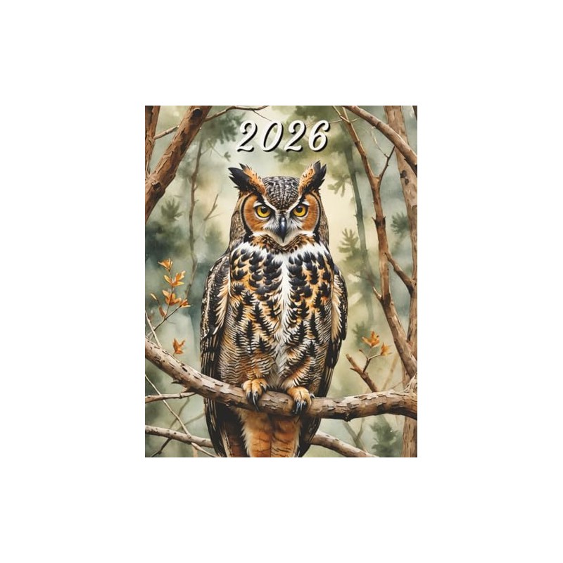 2026: Large Monthly Calendar Planner – Watercolor Great Horned Owl