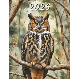 2026: Large Monthly Calendar Planner – Watercolor Great Horned Owl Bird