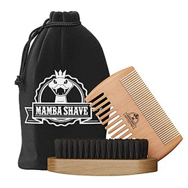Mamba Shave Kit de Peine y Cepillo para Barba. Rattle Set con Cepillo de Cerdas Naturales de Jabalí y Peine de Madera para peinar Cabello, Barba y Big