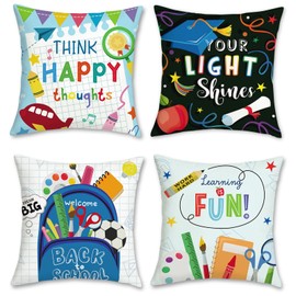 Bonhause Back to School Throw Pillow Covers 18 x 18 Inch Stationery Classroom Decorative Pillow Cases for Reading Corner Students Kids Room Decor Set of 4