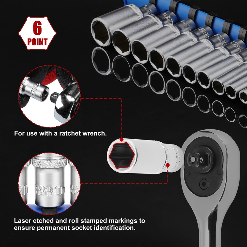 CASOMAN 14 PCS 1/4-Inch Drive Metric Deep Socket Set, 6-Point,