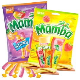 Mamba Candy Strips and Fruit Chew Sticks, Individually Wrapped Fruit Flavored Chewy Candies, Mixed Flavors Assortment Bags, Pack of 2, 6.3 Ounces