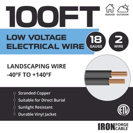 IRON FORGE CABLE 18/2 Low Voltage Landscape Wire - 100ft Indoor/Outdoor Low-Voltage Copper Cable, Black