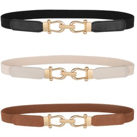 JASGOOD Women Skinny Elastic Belt for Dresses,Thin Retro Stretch Waist Belt with Golden Buckle 3 Pack(Black+Brown+Beige,Fit Waist Size 33-40 inch)