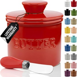 PriorityChef Butter Crock with Lid with Water Line, Ceramic French Butter Dish to Leave On Counter, Red