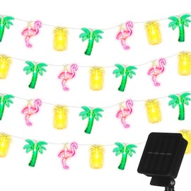 Huquary 50 LED 25ft Tropical Beach Hawaiian Solar String Lights Flamingo Pineapple Palm Tree Lights Outdoor 8 Modes Waterproof Solar Powered Decor for Hawaii Summer Tropical Pool Beach Luau Party