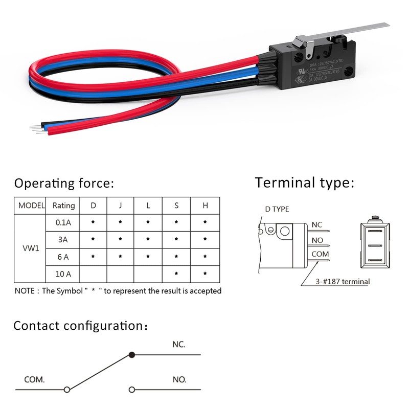 DIYhz Waterproof Micro Switch Long Straight Hinge Lever with Line