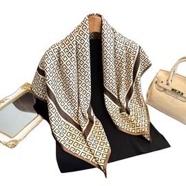 First Choose Fashion and Elegant Silk Feeling Scarf Square Satin Retro Style Sunscreen Head Scarf for Women Digital Printed (Beige-Brown), 90X90CM