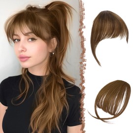 FESHFEN Clip in Bangs 100% Human Hair Bangs Light Brown Real Hair Extensions Wispy Bangs Thin Fringes Hair Pieces Natural Fringe with Temples Hairpieces for Women