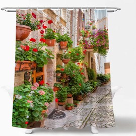Italian Street Shower Curtain Tuscan European Vintage Old Street Flowers Green Plant Nature Scenery Garden Mediterranean Rustic Fabric Bath Curtain with Hook