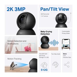 Tapo Indoor Camera for Security, Wifi Camera, 2K 3MP, 360° Baby and Pet Monitor, CCTV, AI, Smart Motion Detection & Tracking, Night Vision, Works with Alexa & Google Home, Elegance Black (Tapo C211)