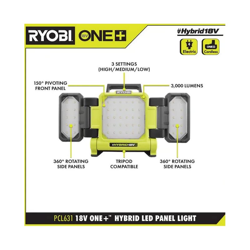 RYOBI ONE+ 18V Cordless Hybrid LED Panel Light (Tool Only)