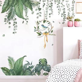Runtoo Wall Sticker Palm Trees Leaves Wall Sticker Hanging Plants Green Jungle Wall Sticker Living Room Bedroom Children's Room Baby Room Wall Decoration