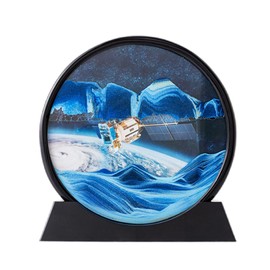 Double Side Moving Sand Art, 3D Dynamic Sand Art Liquid Motion with Mirror, Motion Round Glass 3D Deep Sea Landscape, Sensory Relaxing Desktop Table Decor Desk Home and Office (blue satellites, 12”)