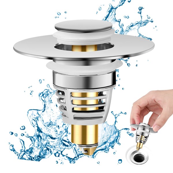 Bathroom Sink Drain Stopper - Universal Stainless Steel Bounce Drain Plug Filter for 1.02"-1.65” Push Type Basin Pop Up Chrome Sink Strainer with Hair Catcher