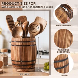 Honeydak Wooden Utensil Holder for Kitchen Counter, Wine Barrel Design 360° Rotating 7.2" x 6.3" Large Cooking Countertop Tool Spoon Crock Vintage Rustic Burnt Holder for Farmhouse Kitchen Gifts Decor