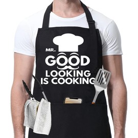 Hyzrz Funny Chef Aprons for Men - Mr.Good Looking is Cooking - Men’s Funny Kitchen Cooking Grilling BBQ Aprons with 2 Pockets - Birthday Father’s Day Christmas Gifts for Dad, Husband, Boyfriend