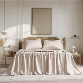 EVERGRACEHOME Cotton Tencel Cooling Sheets Set Queen Size for Hot Sleepers, Luxe Silky Soft Organic Eucalyptus Lyocell Bedding 4-Piece Set, 1 Flat & 1 Deep Pocket Fitted Sheet, 2 Shams, Beige Sand