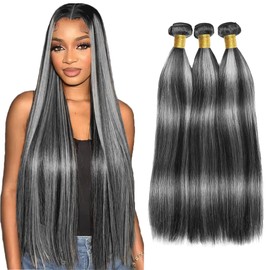 Highlight Bundles P1BGrey Straight Human Hair Bundle Two Tone Salt And Peppper Hair Extensions Ombre Gray 3 Bundles 22 24 26 Inch #1BGrey Straight Bundle 300G
