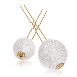 IROHA KYOTO Traditional Japanese Hair Stick, Wrapped Ball Kanzashi, Hair Pin Accessories for women, Elegant Japanese Decor for Kimono Yukata (Large and Small Set, White)