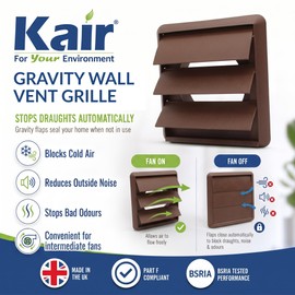Kair Brown 150mm Gravity Wall Vent Grille - 150mm / 6 Inch Round Rear Spigot & 183mm Front Cover - Backdraught Prevention Shutter Flaps