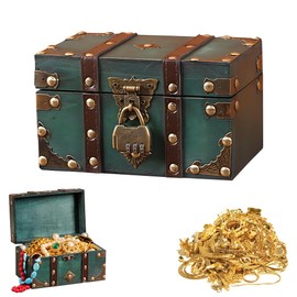 Vintage Wooden Treasure Chest, 18 x 11 x 10 cm, Treasure Chest with Lock, Green Treasure Chest with Combination Lock, Treasure Chest Children's Birthday with 3 Digit Combination Lock, for Storage and