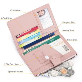 Leather Travel Wallet for Women, Slim RFID Blocking Passport Holder, Compact Passport Wallet with Zippered Coins Pocket and SIM Slots, Ladies Passport Cover