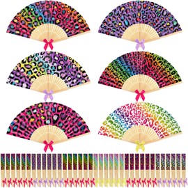 Roowest 36 Pcs Rainbow Leopard Print Hand Fan Bulk Paper Bamboo Handheld Folding Fans with Bows Colorful Cheetah Folding Fan for Women, Y2k Aesthetic Wedding, Concert, Festival, Birthday Gift