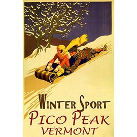 PICO PEAK VERMONT WINTER SPORT FAMILY FUN SLEDDING DOWN SNOW HILLS TOBOGGAN BOBSLED 20" X 30" IMAGE SIZE VINTAGE POSTER REPRO ON CANVAS SHIPPED ROLLED UP. DUNE15PICOPEAK