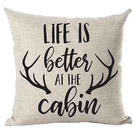 ramirar Black Word Art Quote Life is Better at The Cabin Antlers Fall Autumn Inspirational Decorative Throw Pillow Cover Case Cushion Home Living Room Bed Sofa Car Cotton Linen Square 18 x 18 Inches