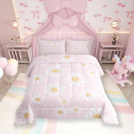 Manfei White Daisy Kids Comforter Set Twin Size,Flowers Plants Rustic Farmhouse Bedding Set,Girls Boys Adults Room Decor,Botanical Florals Theme Down Comforter,Pink Romantic Duvet Insert,1 Pillowcase