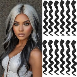 12 Pcs Black hair Extensions 22 Inch Curly Wavy Colored Hair Colorful Clip in Extensions Highlight Party for Kids Girls and Women Gift (Curly，Black,12)