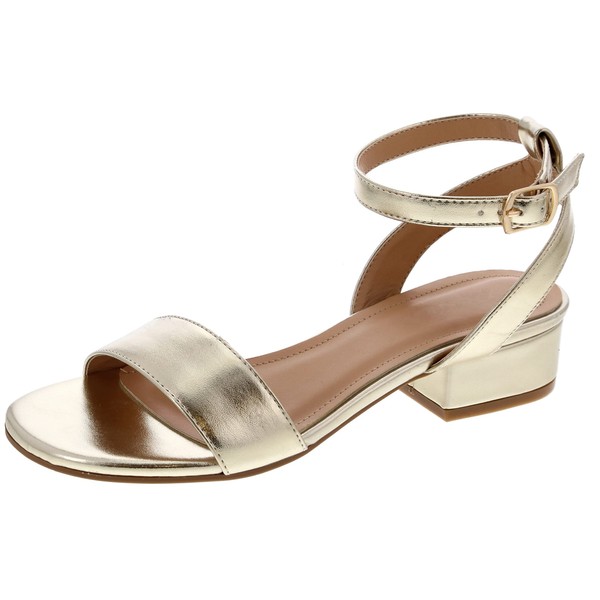 Open Toe Ankle Strap Low Block Heel Dressy Sandal, Gold,