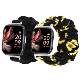 Compatible for FITVII Fitness Tracker Bands, 20mm, 22mm Fabric Elastic Scrunchie Elastic Women Cute Replacement Straps Compatible for FITVII HM57, HM78, HM68, HM21, H56, H86 Smart Watch Fitness Tracker (22mm size band, 2 pack-Black+Sunflower)