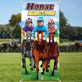 HOWAF Horse Racing Photo Banner, Fabric Horse Racing Decorations Background with 2 Cartoon Face Frame Backdrop Photo Booth Props for Horse Racing Party Decorations, 180 x 90 cm