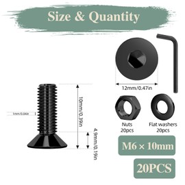 GOHODOMINO M6×10mm Flat Head Socket Cap Screws, Nuts, Flat Washers, 20Pcs, 304 Stainless Steel, Black Oxide, Allen Socket Drive, with Hex Spanner
