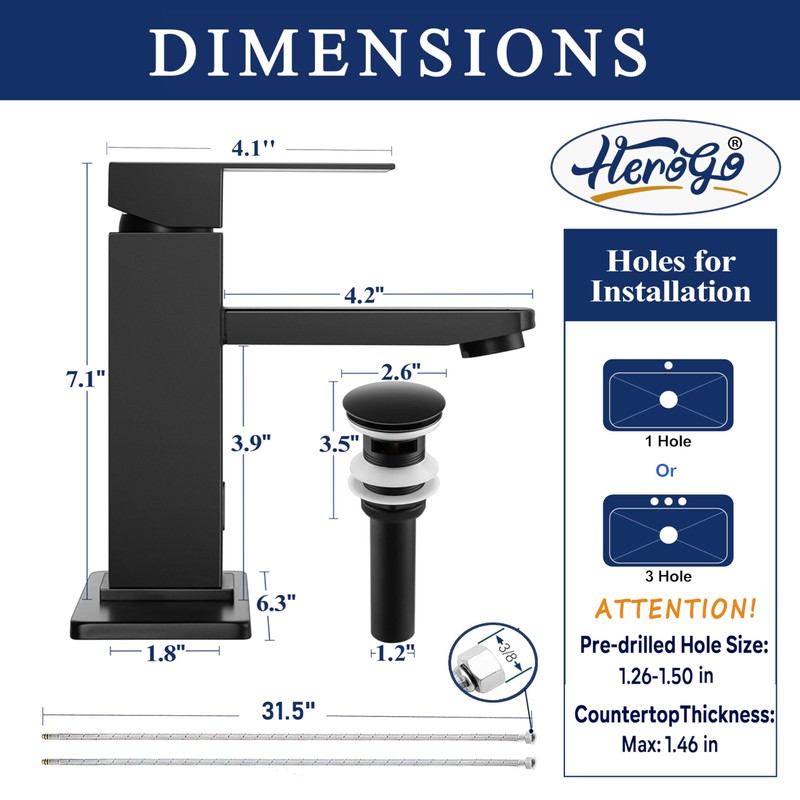 Herogo Touchless Bathroom Faucets Matte Black Stainless Steel Automatic Motion