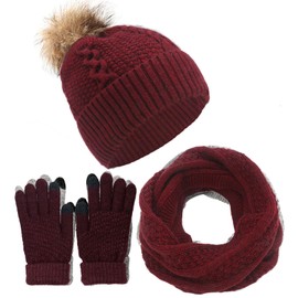 CheChury Women Warm Scarf Glove Beanie Hat Set,Snood Scarf and Touchscreen Gloves Set with Twist Thick Beanie Cap for Unisex Outdoor Sports Cable Knit Scarf 3 in 1,Red,One size