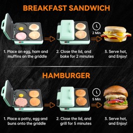 Baker's Friend Breakfast Sandwich Maker, Nonstick Electric Griddle & Grill Combo, 3 in 1 Breakfast Station, Make Egg Muffin Sandwiches Burgers Hot dogs & Pancakes, Includes Burger Press, Tong & Brush