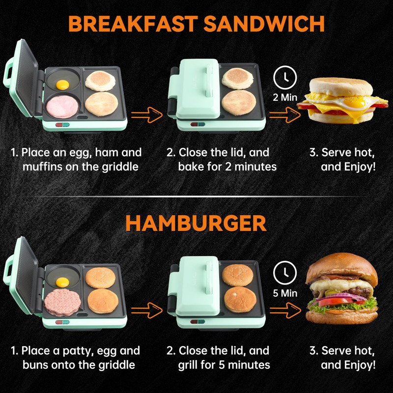 Baker's Friend Breakfast Sandwich Maker, Nonstick Electric Griddle & Grill