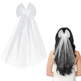 Bridal Pearl Bow Veil, Short Communion Veils Bridal with White Pearl Bow Veil Hair Clip Vintage Bride to Be Veil Bridesmaid Hair Accessories for Hen Party Holy Communion Bachelorette Party