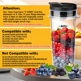 2Pcs Replacement 16oz Blender Cups with 4Pcs Sip & Seal Lids for Ninja, Single Serve Blender Cup for BL660 BL740 BL770 BL780 BL810 BL820 BL830 QB3000 Nutri Ninja Series Blenders