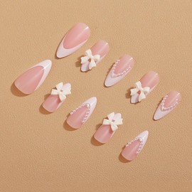 Almond Press on Nails Medium White French Tip Glossy Glue on Cute Acrylic Nude False with Bow Pearl Charm Designs for Women 24Pcs