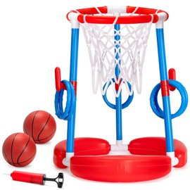 Pool Basketball Hoop Toys, 2in1 Pool Floating Basketball Hoop with Ring Toss Game, Swimming Pool Floats Toys for Kids Adults, Outdoor Indoor Summer Water Play Toy with Pump 2 Basketballs 6 Rings