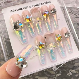 WOMHOPE Press on Nails Handmade Full Cover False Nails with Rhinestone Vintage Flower Aurora Acrylic Nails for Women and Girls 10pcs/Box Long Almond,Coffin (French polarization, Small)